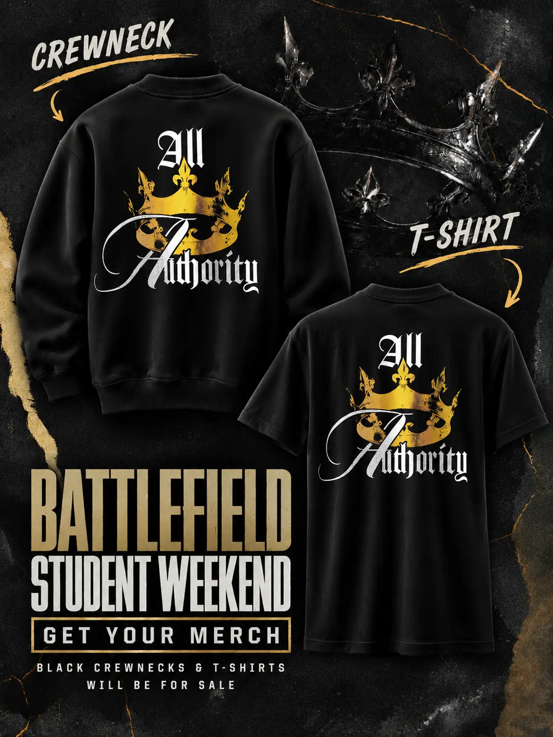 Battlefield Student Weekend crewneck and T-shirt merchandise